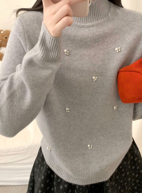 TOMORROW-重工精致女人珍珠半高领套头毛衣(含100绵羊毛)YY-S2125