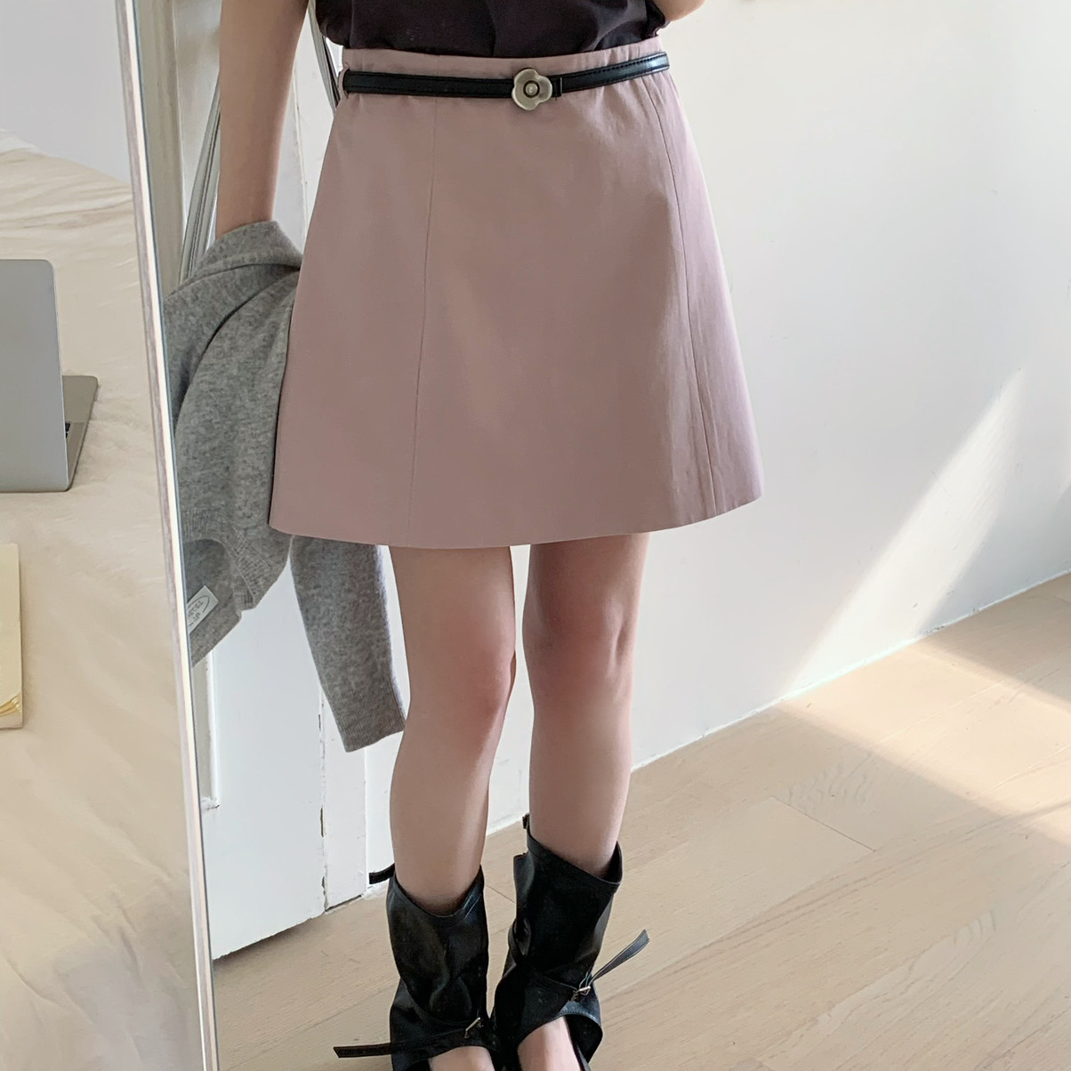 OMELET蛋卷-搭定制花朵扣皮带显瘦A版短裙半身裙(配腰带)GS26123