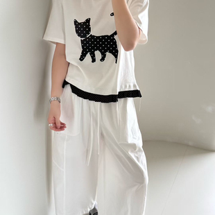 Hand 韩系清新少女猫咪印花拼接波点木耳边短款 短袖 T恤6090 made