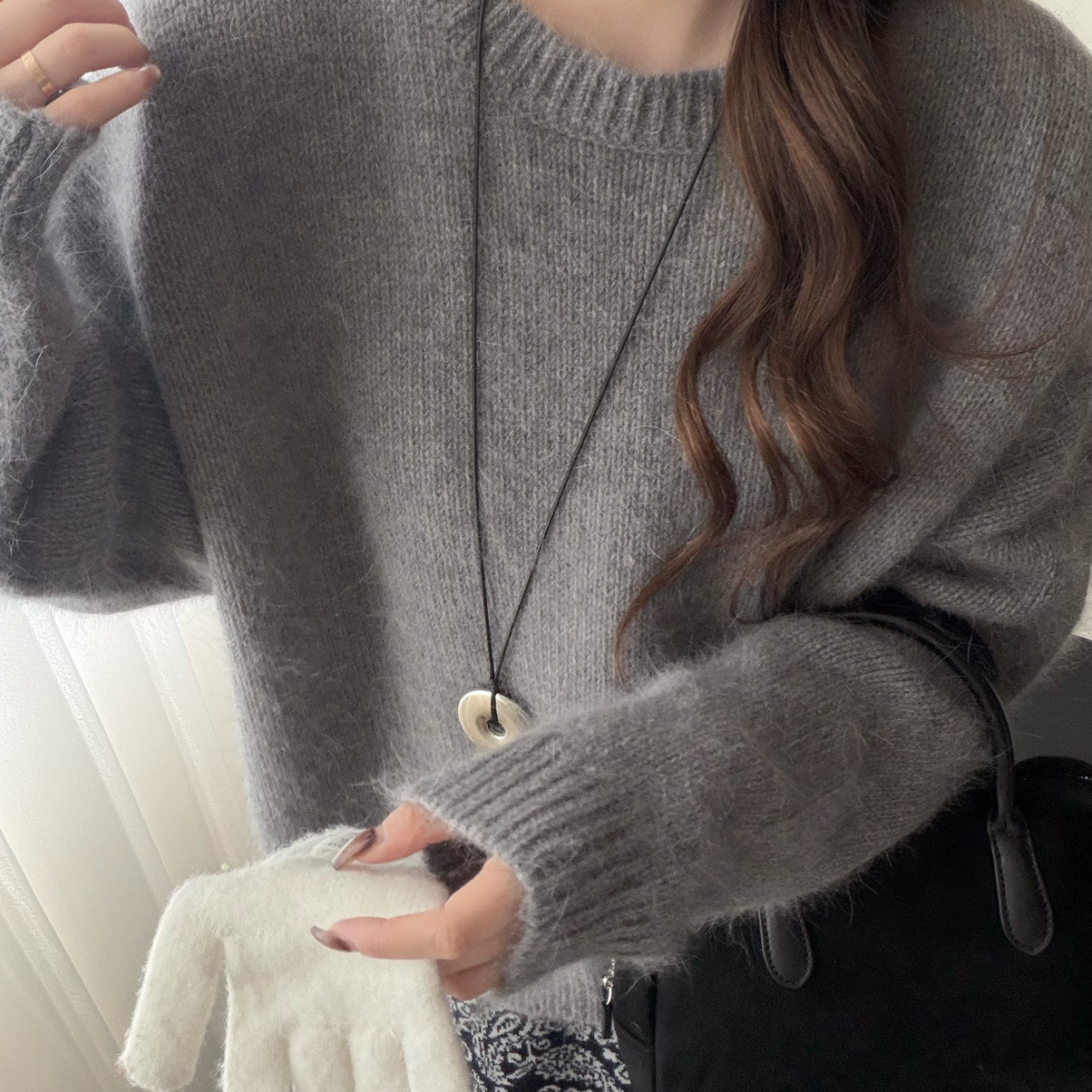 TB媞宝-ean～冬日白月光长毛兔毛圆领纯色系毛衣(含29.6兔毛)9020