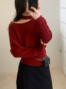 Find Time-肩毛衣～华夫格纹理松弛感斜肩挂脖套头保暖毛衣L61216