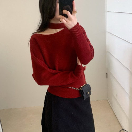 Find Time-肩毛衣～华夫格纹理松弛感斜肩挂脖套头保暖毛衣L61216