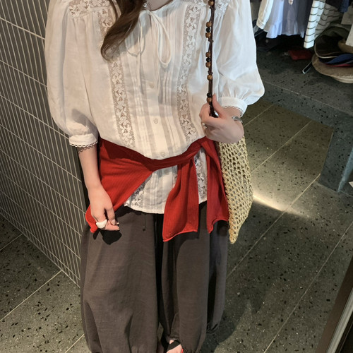 SUSAN-女感精致温柔蕾丝镂空绑带小衫(含45苎麻)(单卖小衫)5588s