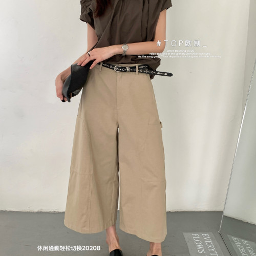 TOP 欧制-干爽舒适A字立体剪裁阔腿工装休闲裤(配腰带)20208燕麦