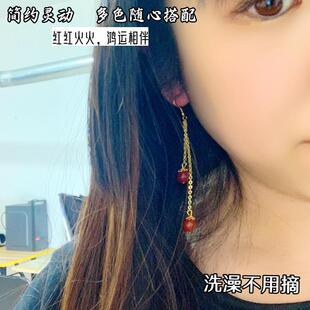 加长款耳线越南沙金女士耳环黄铜镀金耳坠珠子超仙耳饰品不掉色