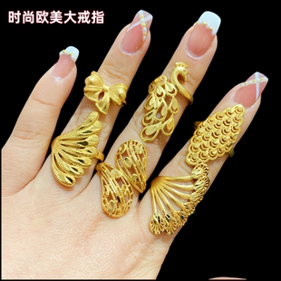 时尚欧美大戒指越南沙金女士蝴蝶结孔雀镀黄金色食指戒久不掉色