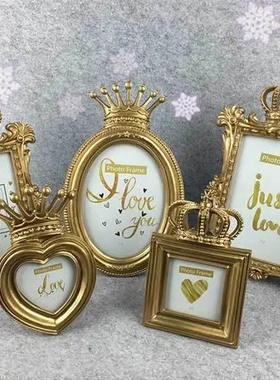 欧式创意家居树脂相框挂墙摆台婚纱照金色皇冠组合相框工艺品