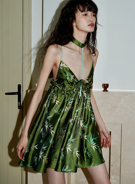 坏品味西部 新中式竹叶提花挂脖A字吊带短款连衣裙