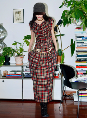 坏品味西部 复古格纹荡领立裁长款无袖小众设计连衣裙