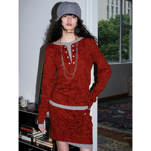 坏品味西部 半裙女 复古秋冬佩斯利花纹假两件卫衣套装