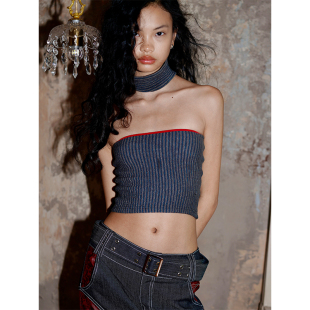 复古撞色棉质条纹抹胸背心脖套两件套女 坏品味西部