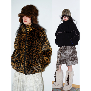 坏品味西部 重工冬季复古撞色豹纹皮草两面穿宽松夹克外套