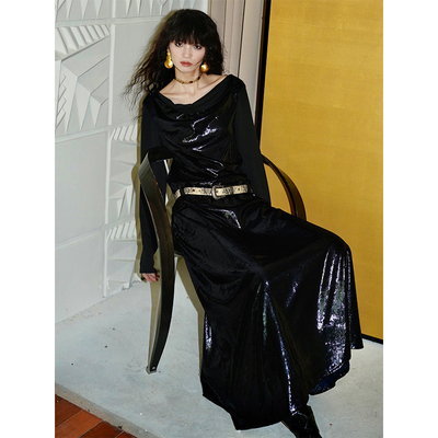 秋冬特殊面料亮丝纯色长款连衣裙