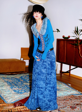 坏品味西部 重磅秋冬复古可拆卸毛领刺绣长款连衣裙