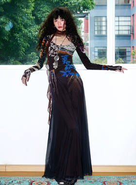 坏品味西部 秋冬双层设计复古小众印花修身长款连衣裙