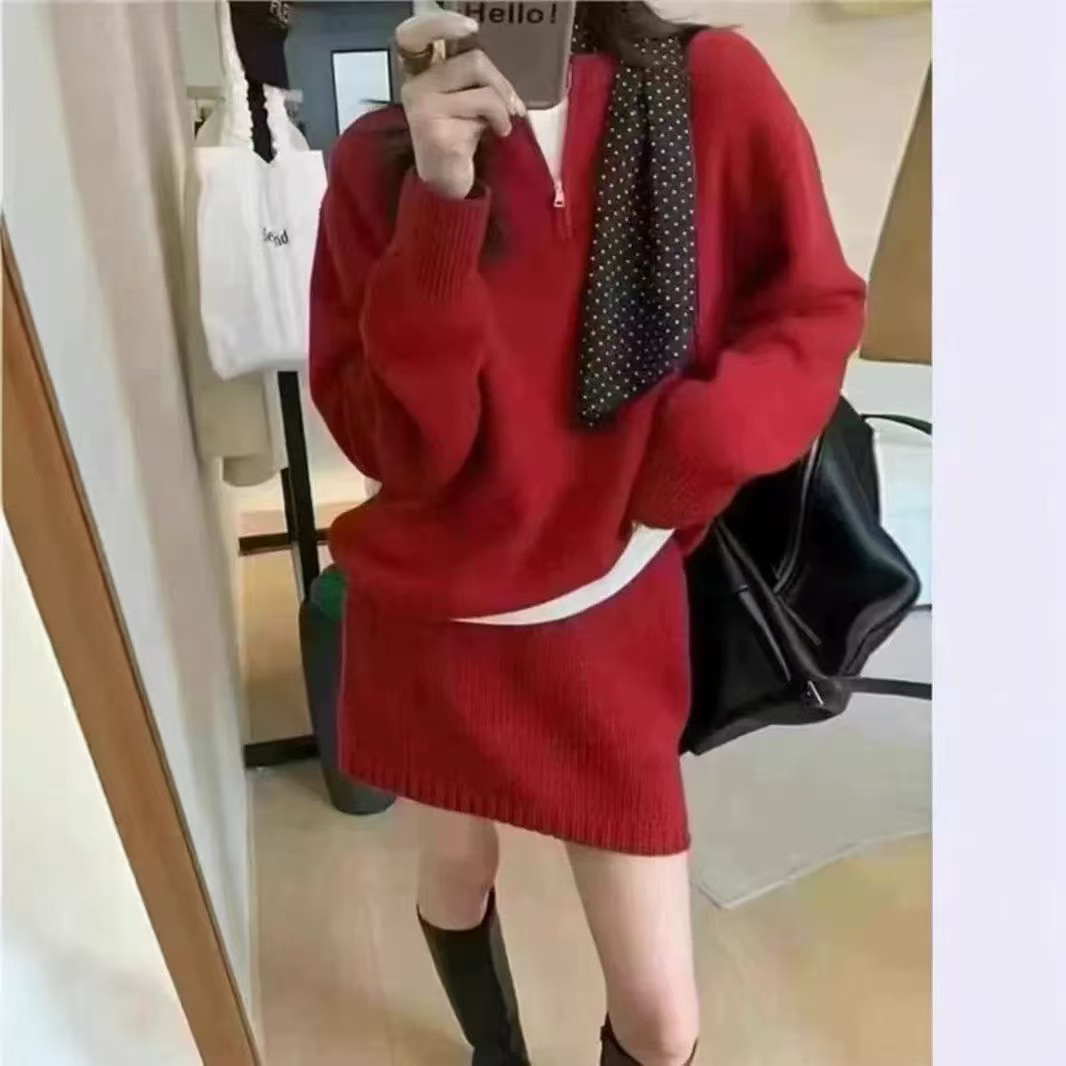 新年红半拉链套头毛衣搭半身裙套装女秋冬新款宽松时尚针织两件套