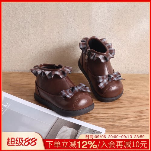 麦布熊秋季新款婴儿皮鞋侧拉链防踢鞋头可爱蝴蝶结公主鞋小童鞋子