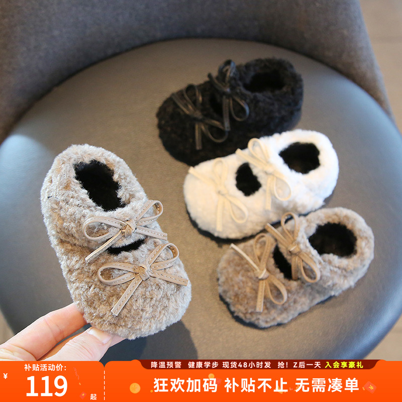 女宝宝公主加绒毛毛鞋女童软底学步鞋子冬季新款婴儿童棉鞋小童鞋