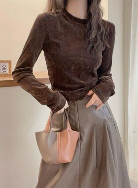 有肩垫美拉德咖色丝绒打底衫女秋冬修身内搭韩系长袖T恤时尚上衣
