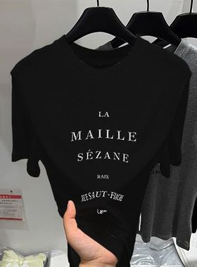 欧洲站气质简约字母印花圆领短袖t恤女美式春夏新款正肩小众上衣