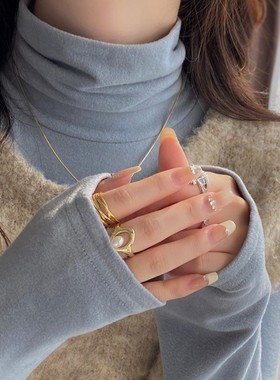 高领打底衫女秋冬高级感新款蓝色德绒堆堆领内搭加绒叠穿上衣T恤