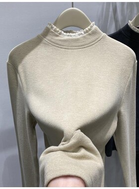 软糯德绒蕾丝拼接假两件打底上衣女秋冬韩版百搭修身保暖长袖T恤