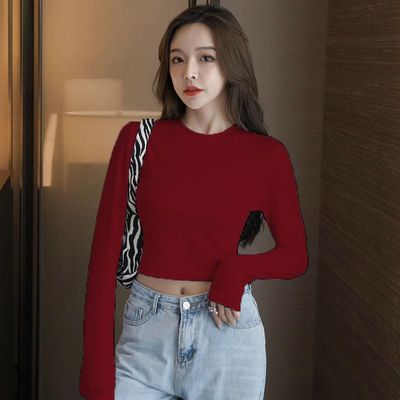 酒红色内搭长袖t恤女春季新款复古高腰短款美式简约圆领打底上衣