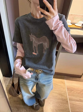 卡通小马撞色拼接假两件长袖T恤女2026春秋新款宽松显瘦通勤上衣
