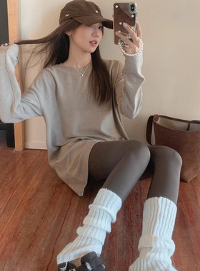 配鲨鱼裤中长款遮屁股长袖T恤女秋冬季澳绒保暖卫衣内搭打底上衣