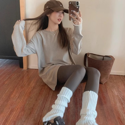 配鲨鱼裤中长款遮屁股长袖T恤女秋冬季澳绒保暖卫衣内搭打底上衣