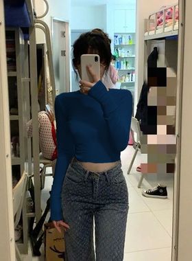 纯欲风洋气长袖t恤女装春秋复古打底衫修身百搭短款正肩通勤上衣