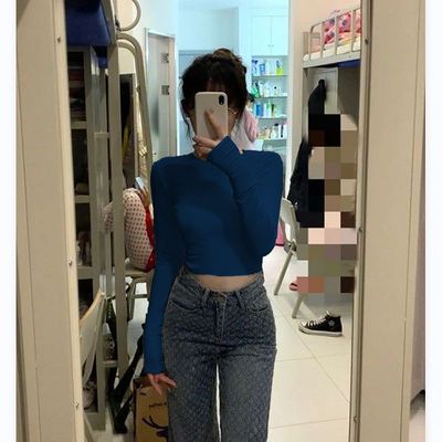 纯欲风洋气长袖t恤女装春秋复古打底衫修身百搭短款正肩通勤上衣