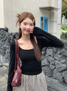 U领打底衫女内搭秋季低领长袖t恤上衣小香风慵懒百搭气质减龄个性