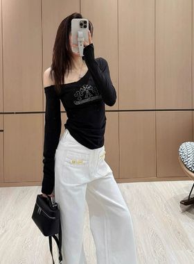 美式辣妹重工烫钻斜肩露肩长袖t恤春秋季修身短款时髦打底衫上衣