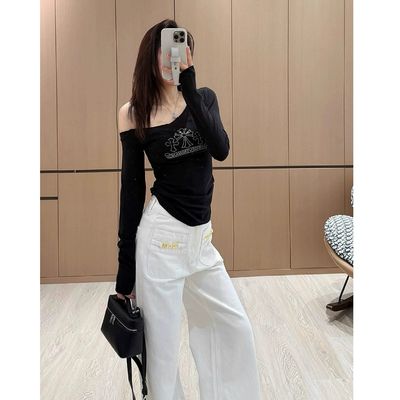 美式辣妹重工烫钻斜肩露肩长袖t恤春秋季修身短款时髦打底衫上衣