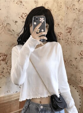 白色正肩长袖T恤 女春秋新款圆领内搭打底衫设计感短款百搭上衣