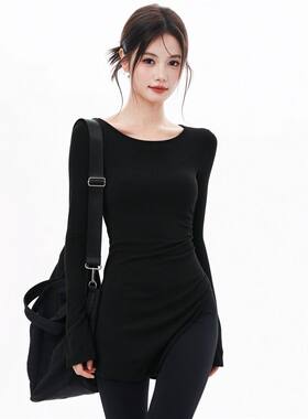 显瘦修身瑜伽服健身t恤女春秋季中长款侧边开叉设计感打底衫上衣