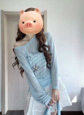 设计感单边抽绳绑带斜肩长袖T恤夏薄款防晒微透罩衫字母印花上衣