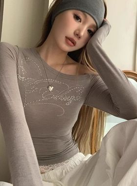一字露肩斜领烫钻长袖t恤女春秋修身拼接蕾丝气质跳舞打底衫上衣