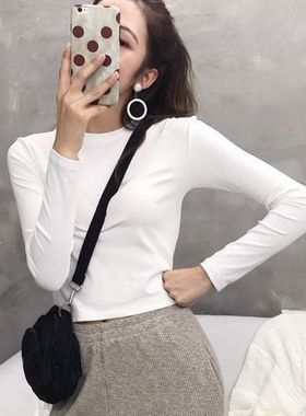 显瘦女装长袖纯棉t恤个性短款圆领内搭紧身高腰露脐上衣服ins潮流