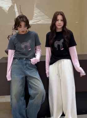 韩系小马印花撞色假两件T恤女2026春季新款打底衫显瘦设计感上衣