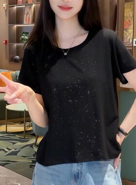 亮片宽松圆领显瘦设计感上衣洋气新款闲百搭短袖短款齐腰T恤女夏