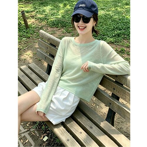 时尚短款长袖T恤女薄款夏季宽松微透罩衫多巴胺百搭设计感上衣