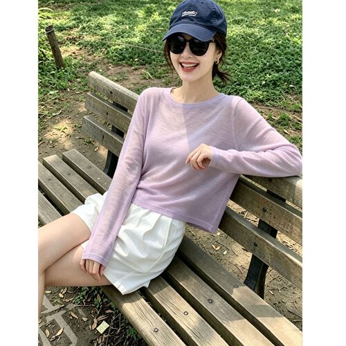 韩系短款长袖T恤女薄款夏季宽松微透罩衫多巴胺百搭设计感上衣