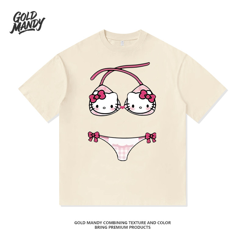 KT泳衣印花猫咪搞怪美式高街可爱重磅纯棉T恤半袖杉情侣男女同款