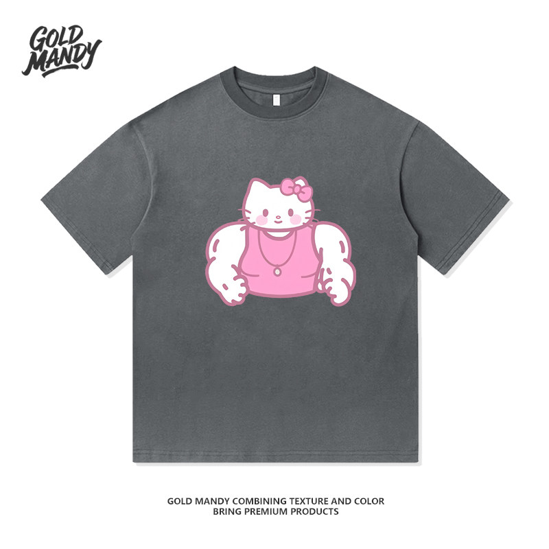 粉色肌肉猫咪健美可爱设计百搭小众重磅纯棉T恤半袖杉情侣男女款,男装,T恤,淘宝优惠券,粉丝福利购,淘宝优惠卷