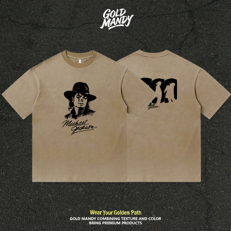 迈克尔杰克逊舞台剪影签名印花流行复古纯棉T恤半袖情侣男女同款
