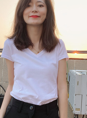 纯色t恤女士夏季上衣纯棉百搭显瘦体恤修身短袖白色V领紧身打底衫