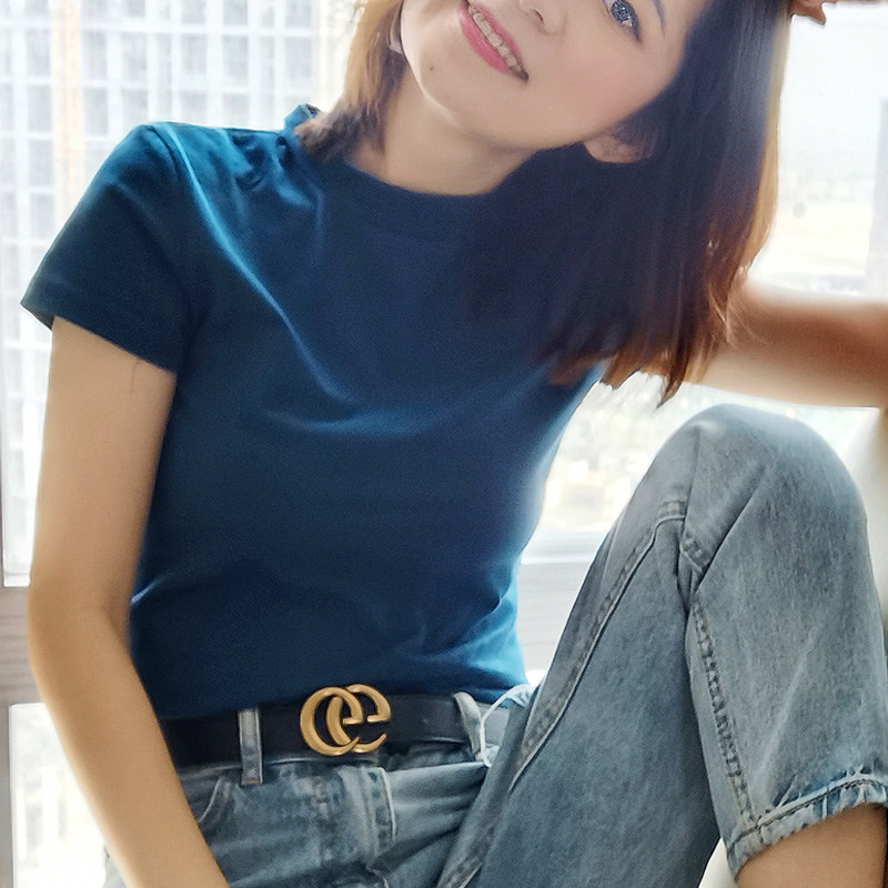 半高领短袖t恤女修身纯棉孔雀蓝体恤2020年新款雾霾网红打底上衣