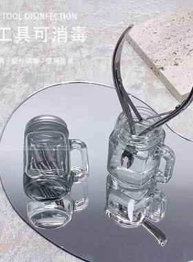 美甲工具消毒瓶玻璃洗笔杯打磨头死皮剪工具浸泡带盖饰品收纳盒